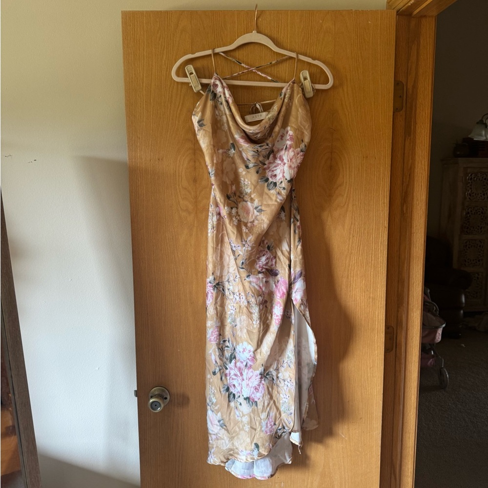 Astr Asymmetrical Floral Dress in Tan and Pink